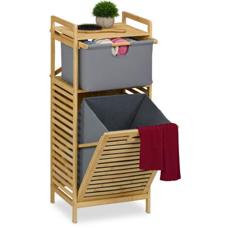 Relaxdays Laundry Basket, Washing Hamper, 30 Litres, Shelf & Drawer, Bamboo, Fabric, HWD: 95x40x33 cm, Natural/Grey