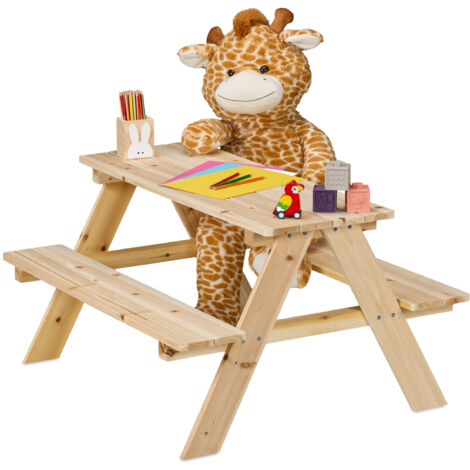 Relaxdays Children's Picnic Table, Garden Bench for Kids, HWD: 51 x 90 x 78 cm, Seating for 4 Kids, Wood, Natural (1/5)