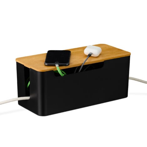 Relaxdays cable box for 2 sockets, bamboo lid, plastic, HWD: 13x31x14 cm, cable management, black/natural