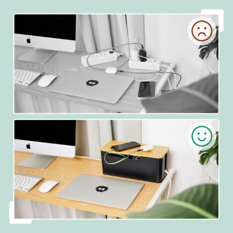 Relaxdays cable box for 2 sockets, bamboo lid, plastic, HWD: 13x31x14 cm, cable management, black/natural