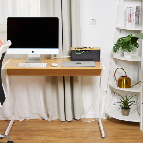 Relaxdays cable box for 2 sockets, bamboo lid, plastic, HWD: 13x31x14 cm, cable management, black/natural
