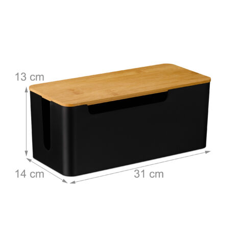 Relaxdays cable box for 2 sockets, bamboo lid, plastic, HWD: 13x31x14 cm, cable management, black/natural