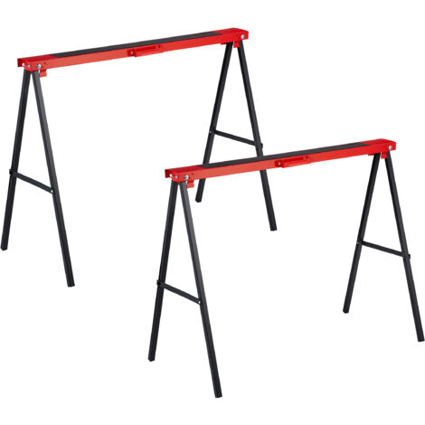 Relaxdays Set of 2 Sawhorses, Folding, 100 kg, 78 x 100 x 49 cm, Workbench Trestle, Wallpapering & DIY, Metal, Red/Black