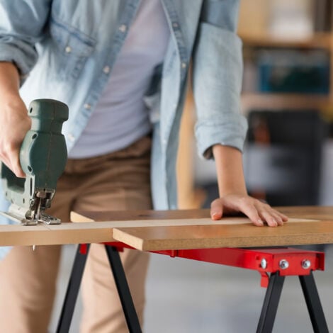 Relaxdays Set of 2 Sawhorses, Folding, 100 kg, 78 x 100 x 49 cm, Workbench Trestle, Wallpapering & DIY, Metal, Red/Black