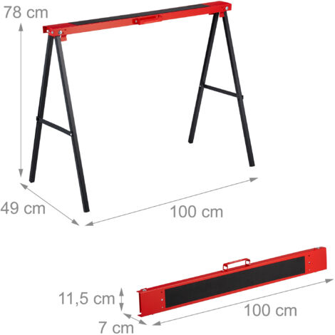 Relaxdays Set of 2 Sawhorses, Folding, 100 kg, 78 x 100 x 49 cm, Workbench Trestle, Wallpapering & DIY, Metal, Red/Black