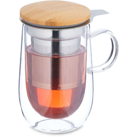 Relaxdays Glass Tea Mug, with Stainless Steel Strainer, Bamboo Lid, Handle, 430 ml, Double-Walled Teacup, Clear/Natural