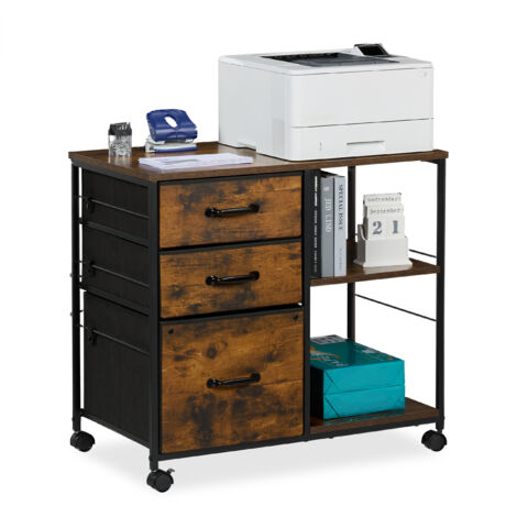 Relaxdays Mobile Filing Cabinet, 3 Drawers, Suspension Files, Industrial Style Shelves, 68x75x40 cm, Office, Brown/Black (1/5)