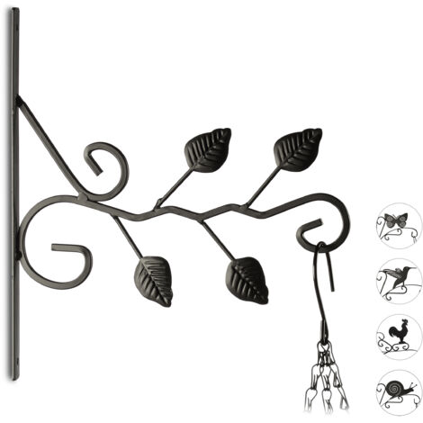 3x Plant Hook, Flower Hanger for the Wall, Metal Garden Decor, Leavest Motifs, HxWxD: 30 x 28 x 2 cm, Black