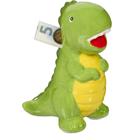 2 x dinosaur money box, fun design, ceramic piggy bank, opening at base, HWD: 19x10x15.5 cm, green