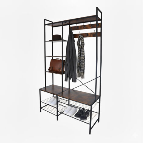 Relaxdays coat rack, 4 shoe shelves, 9 double hooks, 5 hat racks, HWD 190 x 120 x 40 cm, black/brown (1/5)