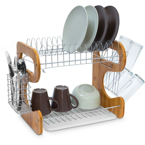 2 Tiers Dish Drying Rack Kitchen Drain Board Dish Drainer Cutlery Utensil  Holder