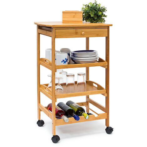 Relaxdays James Kitchen Cart Size: Large, Bamboo: 80.5 x 50 x 37 cm Serving Rolling Cart w/ Drawer & 2 Trays Rolling Wooden Kitchen Trolley W/ Storage Space For Plates & Wine Bottle Rack, Natural