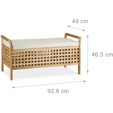Relaxdays Walnut Storage Bench 46.5 x 92.6 x 49 cm Wooden Storage Ottoman with Cushioned Seat, Hallway Furniture Wooden Bench, Natural Brown & White