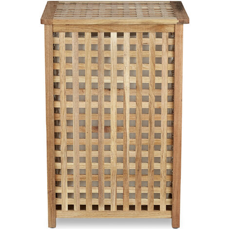 Relaxdays Walnut Laundry Hamper Wooden Laundry Storage Bin Basket with Lid, 67.5 x 45.7 x 45.7 cm, Laundry Organizer, Laundry Box Wood with Linen Sack Bag, Capacity of 75 L, Natural
