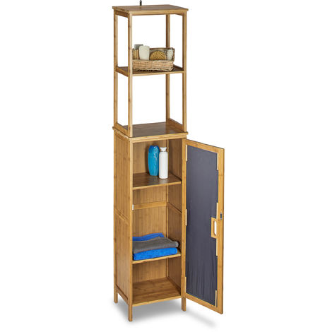 Relaxdays Bathroom Bamboo Cabinet 170 x 33.5 x 28 cm Bathroom Cupboard with 6 Shelves with Practical Storage Room for Bathroom Accessories Standing Shelf with 2 Ajustable Boards Bath Stand, Natural
