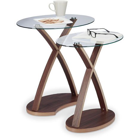Relaxdays Oval Side Table Set of 2, Glass Table with Wooden Legs, Small End Tables, Modern Design, 2 Sizes, Natural