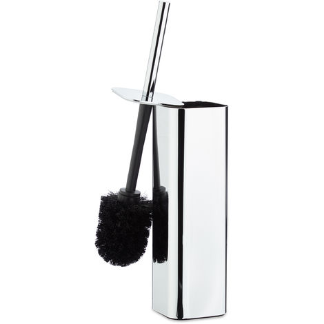 Relaxdays WC Toilet Brush Holder Wall, Toilet Brush Holder with Brush, Wall Mounted, HWD: 38.5x8x8 cm, Silver/Black