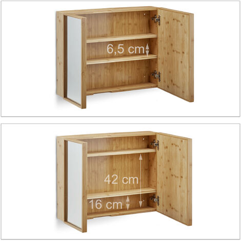 Bamboo Handle & 2 Compartments Hanging Shelves Engineered Wood Relaxdays Bathroom Cabinet HWD: 58.5 x 32 x 18 cm Wall Cupboard White 