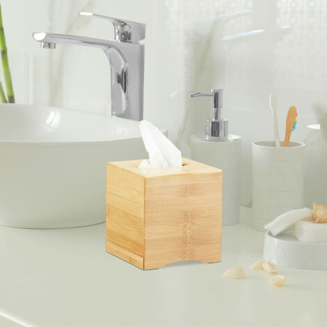 Relaxdays Square Facial Tissue Box, Wooden Bamboo Cosmetic Tissue Dispenser, Cover, HWD: 15.5 x 14.5 x 14.5 cm, Natural