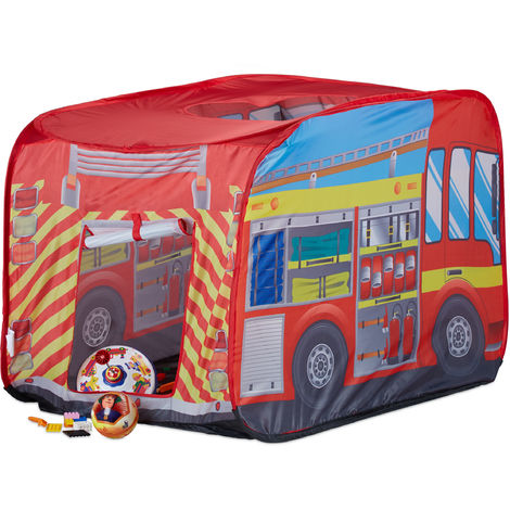 Relaxdays Fire Brigade Play Tent, Pop Up Fire Truck Playhouse, For Indoor & Outdoor Use, 70x110x70 cm, Age 3 and Up, Red