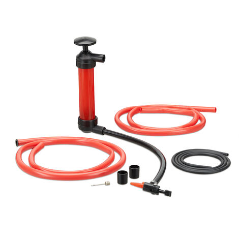 Relaxdays Oil Siphon, Manual Transfer Pump for Gasoline, Decanting Pump with 3 Tubes, Air Pump Attachments, Red