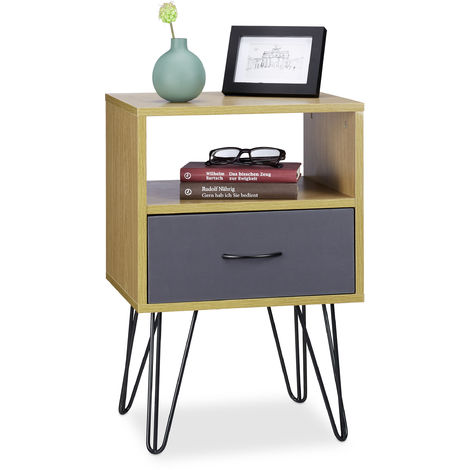 Relaxdays Retro Nightstand With Drawer Wood Look Metal Legs Vintage Bedside Table Hxwxd 60 X 40 X 35 Cm Brown 4100227424021