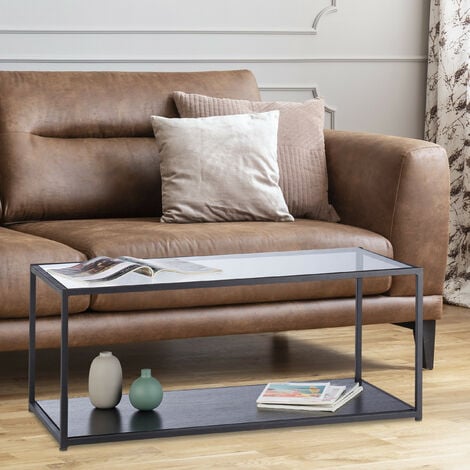Relaxdays Glass Coffee Table, Rectangular, Metal Frame, Glass Tabletop, Tray, Living Room Side Table, HxWxD: 42 x 100 x 50 cm, Black