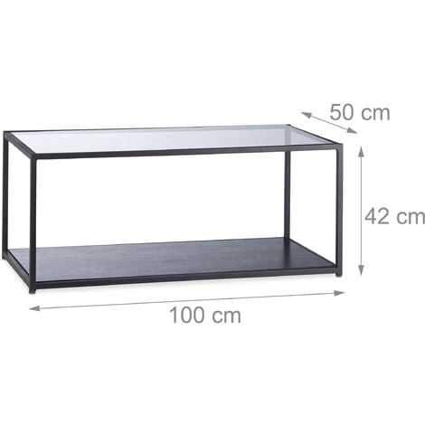 Relaxdays Glass Coffee Table, Rectangular, Metal Frame, Glass Tabletop, Tray, Living Room Side Table, HxWxD: 42 x 100 x 50 cm, Black