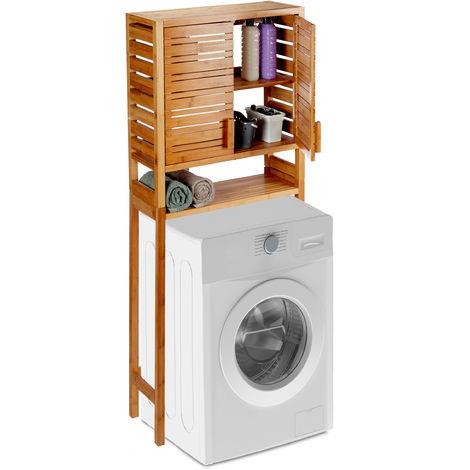 Relaxdays Bamboo Washer Storage Rack Freestanding Bathroom Shelf Slatted Doors 3 Tiers Hwd 164 X 66