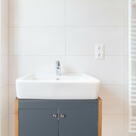 Relaxdays Bathroom Basin Floor Cabinet with Bamboo Frame, Adjustable Shelf, Siphon Cut-Out, HxWxD: 60 x 60 x 29 cm, Grey