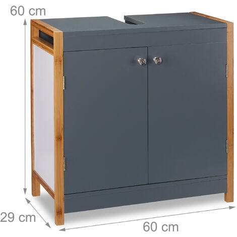 Relaxdays Bathroom Basin Floor Cabinet with Bamboo Frame, Adjustable Shelf, Siphon Cut-Out, HxWxD: 60 x 60 x 29 cm, Grey