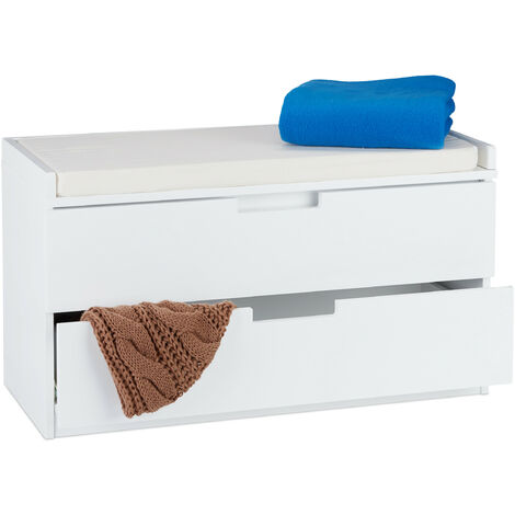 Relaxdays Storage Bench For Sitting, Cabinet With 2 Drawers, Country Look, Padded Seating, HWD 45 x 80 x 36 cm, White