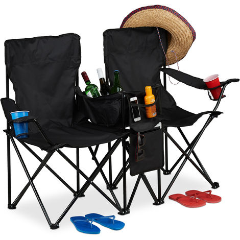 Relaxdays Double Camping Chair, Portable Fishing Seat with Drink