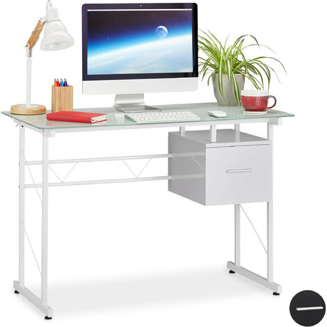 Relaxdays Writing Desk, Modern Office Table with Glass Tabletop and Side Drawer, HWD 75 x 110 x 55 cm, White