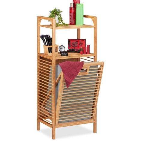 Relaxdays Bathroom Shelf with Laundry Hamper, Removable Folding Fabric Box, Bamboo Frame, HWD 95x40x30 cm, Natural/Grey
