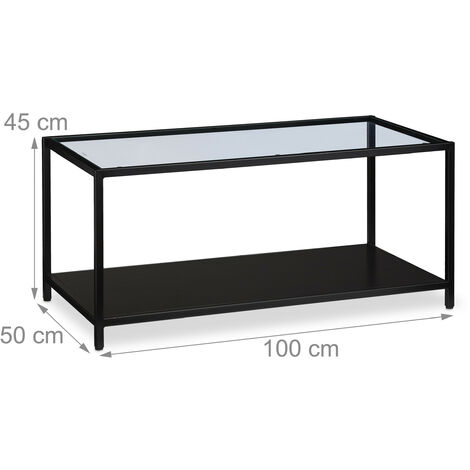 Relaxdays Coffee Table, Glass Top & Metal Frame, MDF Shelf, Modern Living Room Table, HWD 45x100x50 cm, Black