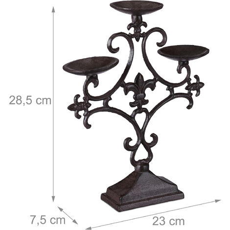 Relaxdays Candlestick Antique, 3 Arms, Outdoor Candlelight Holder, Tabletop Candlelight, Rustic, Cast Iron, Brown
