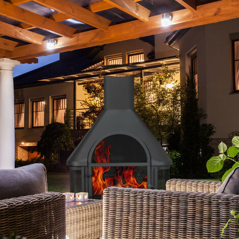Relaxdays Patio Log Burner With Grill, Outdoor Fireplace With Spark Guard, Fire Poker, Solid, Steel, 110x63x51 cm, Black