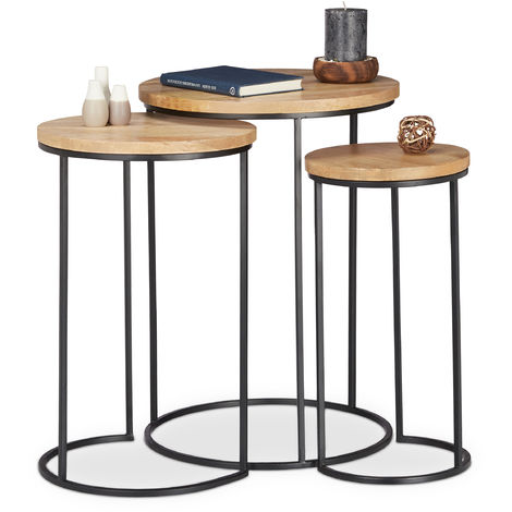 Relaxdays Nested Side Tables Set of 3, Round Tabletops, 3 Sizes, Metal and Mango Wood, Side Table, Natural
