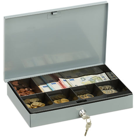 Relaxdays Locking Cash Box, Flat Metal Case with Coin Tray, 2 Keys, Money Safe HxWxD: 5x30x20 cm, Grey