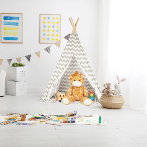Relaxdays Teepee, Play Tent With Flooring, Includes Bag, Wigwam For Kids, HxWxD: 160 x 115 x 115 cm, White-grey