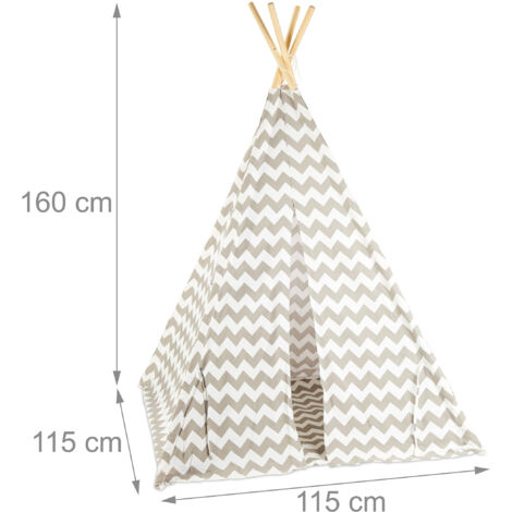 Relaxdays Teepee, Play Tent With Flooring, Includes Bag, Wigwam For Kids, HxWxD: 160 x 115 x 115 cm, White-grey