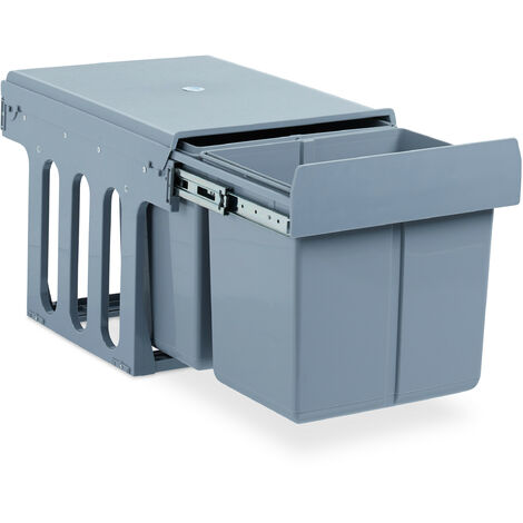 Relaxdays Built-In Kitchen Bin, Pull Out, 15 L, Plastic Waste Separation System, HWD 35 x 34 x 48 cm, Grey