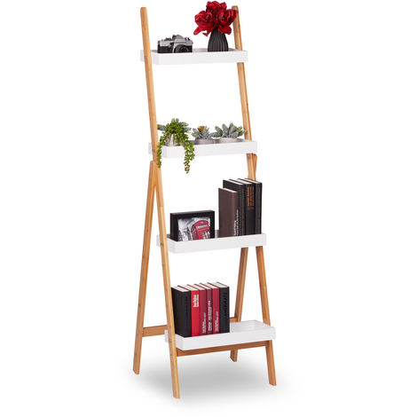 Relaxdays Ladder Shelf, Foldable Bamboo Shelving, Bathroom Storage Shelves, Bookcase, HWD 145x45x42 cm, White/Natural