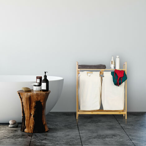 Relaxdays Bamboo Laundry Hamper, Clothes Sorter with Shelf, 2 Compartments, Pull-Out & Portable, 60 L Basket, Natural