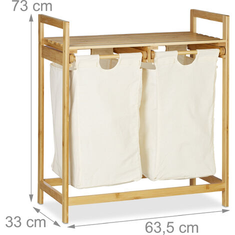 Relaxdays Bamboo Laundry Hamper, Clothes Sorter with Shelf, 2 Compartments, Pull-Out & Portable, 60 L Basket, Natural