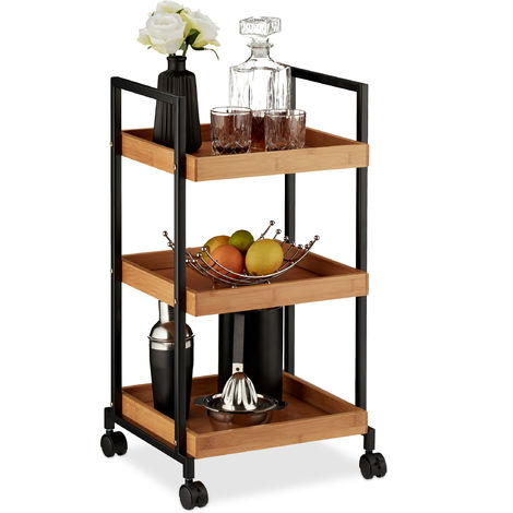 Relaxdays Serving Trolley, Modern Kitchen Cart, Bamboo & Iron, 3 Tiers, Square, 4 Castors, 69.5 x 37 x 34 cm, Natural