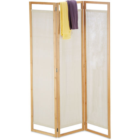 Relaxdays 3 Panel Room Divider, Folding Partition Screen, Opaque Paravent, Bamboo & Fabric, HxWxD 170x120x1.5cm, Natural