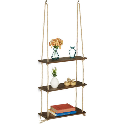 Relaxdays Wooden Floating Shelf with Rope, Set of 2, Display ...