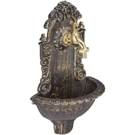 Relaxdays antique wall fountain, with tap, nostalgic, garden washbasin, cast aluminium, HWD 40 x 24.5 x 13 cm, black